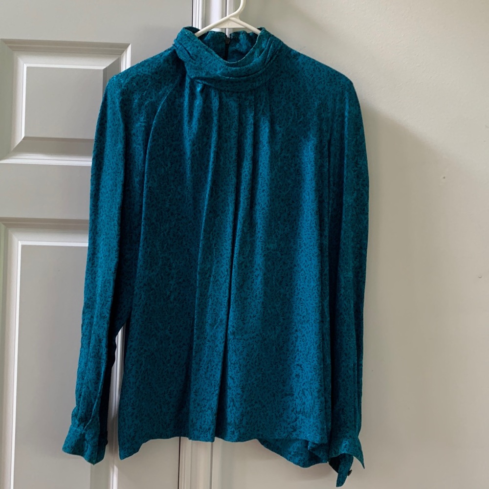 Ernst Strauss size 14 long sleeve high neck turquoise print blouse